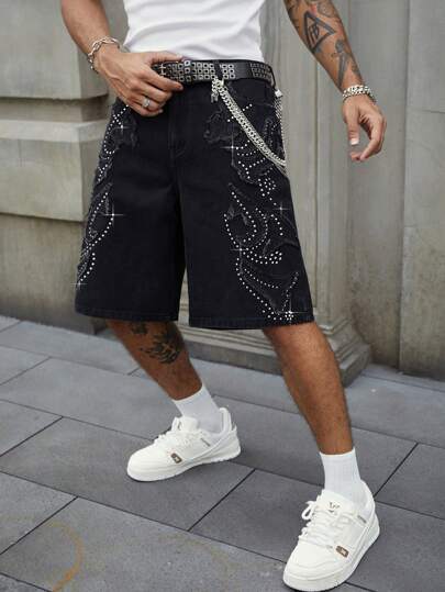 Street Life Pantalones cortos de mezclilla con ajuste holgado y bordado de diamantes para hombres