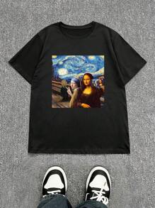 INAWLY Women's Short Sleeve T-Shirt With Mona Lisa, Selfie And Starry Night Scream Graphic Prints, Fashionable Design Summer Top