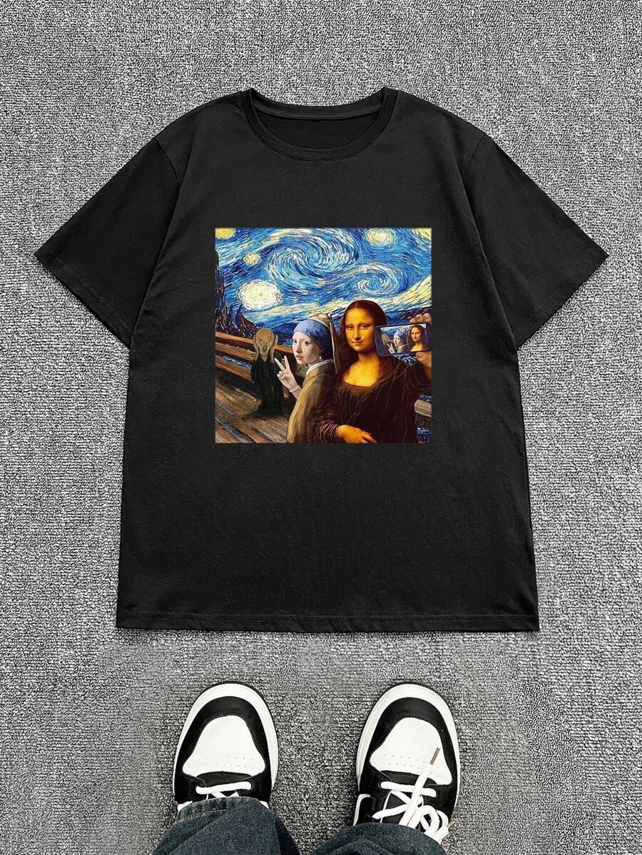 INAWLY Women's Short Sleeve T-Shirt With Mona Lisa, Selfie And Starry Night Scream Graphic Prints, Fashionable Design Summer Top