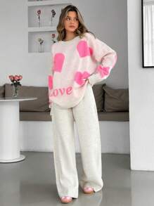 EURMUSE Conjunto de 2 piezas de suéter con cuello redondo, bordado con diseño de corazón y hombros caídos, talla grande pantalones anchos de cintura alta de unicolor tejidos para otoño e invierno para mujeres - Rosa - Ver 7