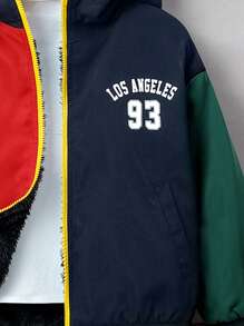 SHEIN Young Boy Casual Comfortable Warmth Letter & Christmas Color Block Striped Hooded Jacket With Thermal Lined, Autumn & Winter - Navy Blue - View 7