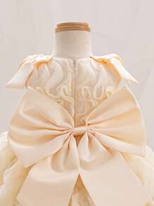 SHEIN Glamorique Kids Baby Girl Princess Dress,Pale Yellow,Summer,Elegant,Flower Girl,3D Floral Net,Oversized Bow At Back,Birthday Party Wedding Holiday Puffy Dress - Apricot - View 6