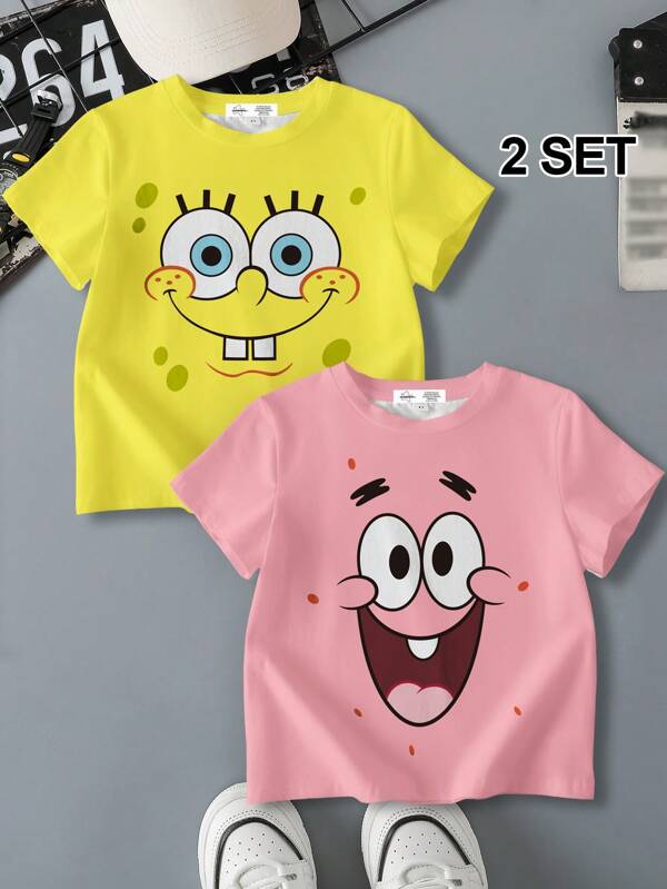 SpongeBob SquarePants X SHEIN Young Boy 2pcs Cartoon Pattern Round Neck Short Sleeve T-Shirt , Summer