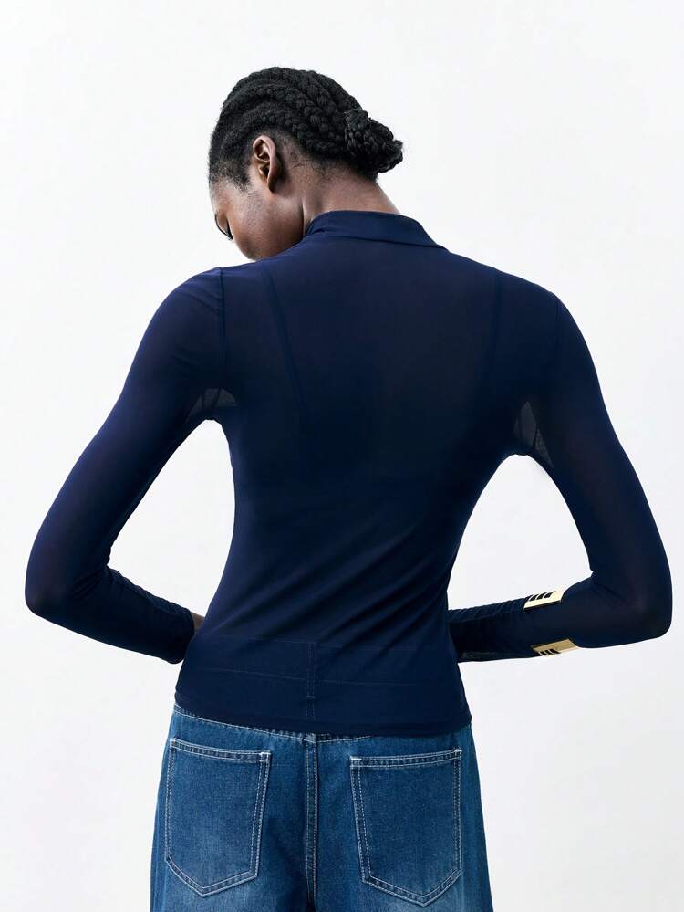 SHEIN Maija 2026 Spring & Summer Navy Blue Fitted Long Sleeve Top, Suitable For Business, Casual, Daily Commute, Elegant Beach Vacation, Wedding Guest, Country Music Festival, Brunch, Airport, 90s Vintage Inspired, Office Wear St Patrick's Day Women Easter Summer Easter Women Party Top Beach Summer Holiday Each Vacation