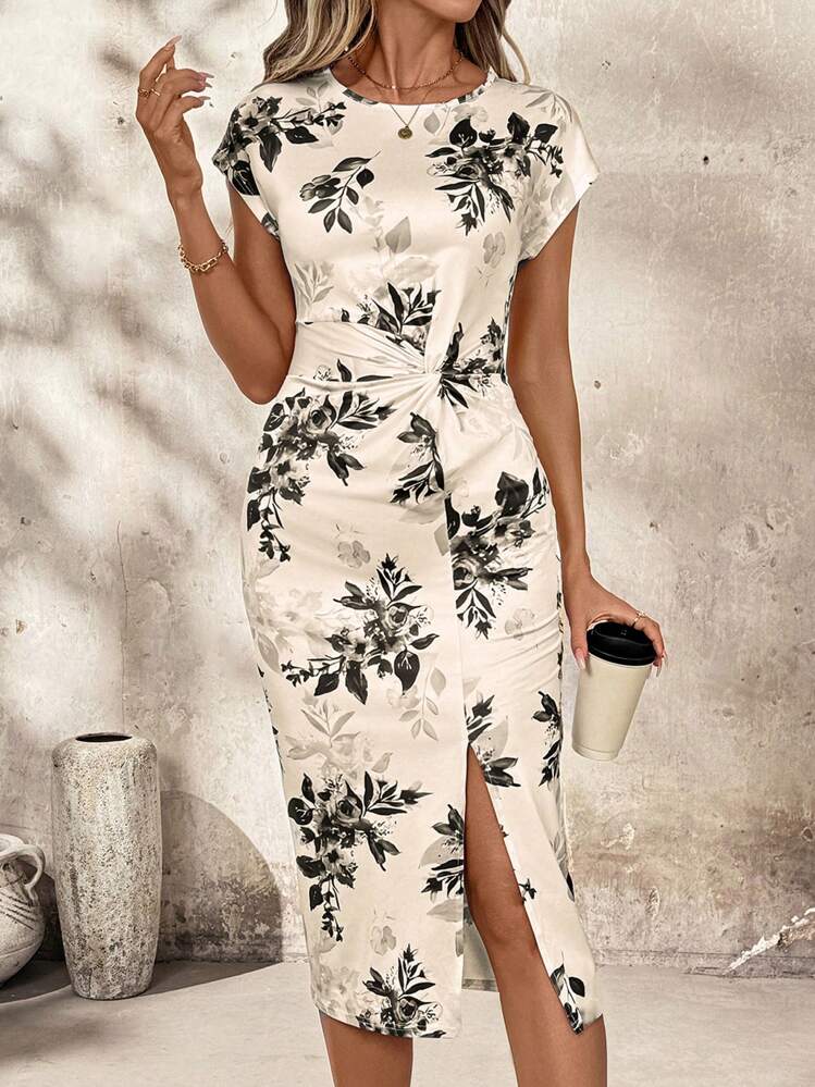 SHEIN Clasi Damen Twist Knoten Vorderseite Taille Eingeengt Schlitz Saum Bodycon Kleid Sommerkleider für Damen Kleider für Damen Sommer Sommerkleider für Damen Sommeroutfits für Damen Urlaubskleid Blumenkleid Damen Elegant Klassisch Outfits für Damen Elegantes Blumen Midi-Kleid Blumen Midi-Kleid mit Schlitz Elegantes Sommerkleid Sommer Blumenkleid Damen Blumen Midi-Kleid - Aprikosenfarben - Übersicht 1