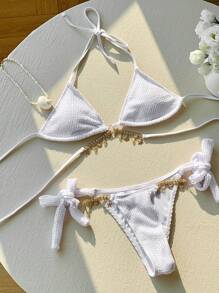 Comfortcana Conjunto de bikini blanco con cadena de metal texturizada decorativa para mujer, atuendo de playa, adecuado para vacaciones, apropiado para vacaciones en la playa - Blanco - Ver 4