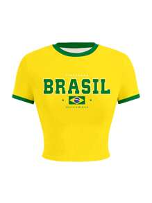 女士时尚休闲巴西字母印花短款上衣，适合节日派对 - 彩色 - 查看 1