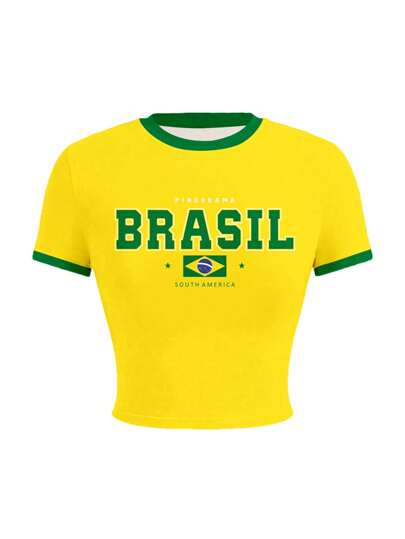 Top corto casual de moda para mujer con estampado de la letra de Brasil, adecuado para fiestas y vacaciones