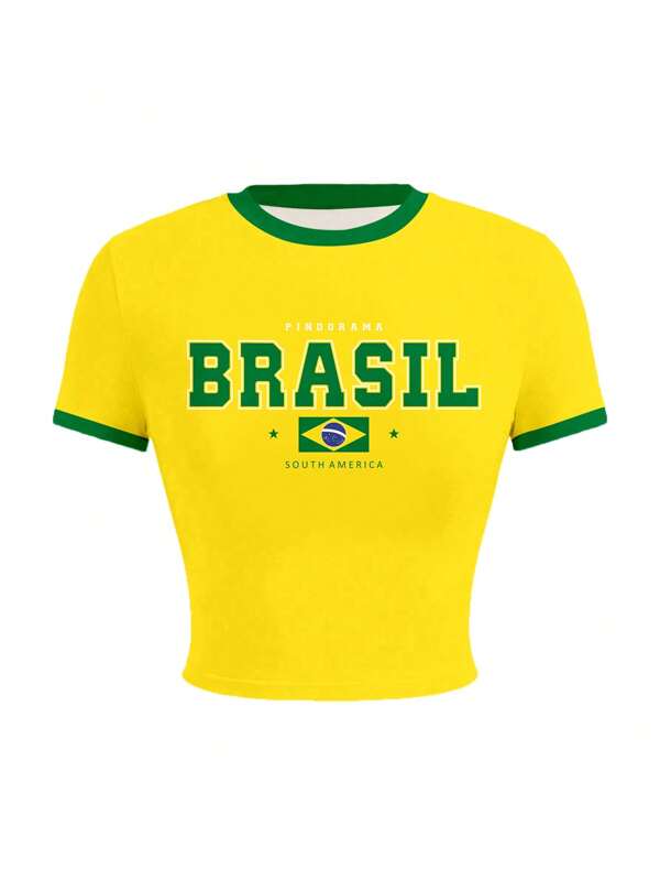 Women's Fashion Casual Brazil Letter Printed Crop Top, Suitable For Holiday Party Brazil Top Crop Tops Women Tshirt Yellow Crop Top Women Cropped Jersey Graphic Tees Women Crop
