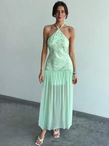 Aloruh فستان نسائي أشرطة عنق مفتوحة مع طباعة زهرية - أخضر - مشاهدة 4