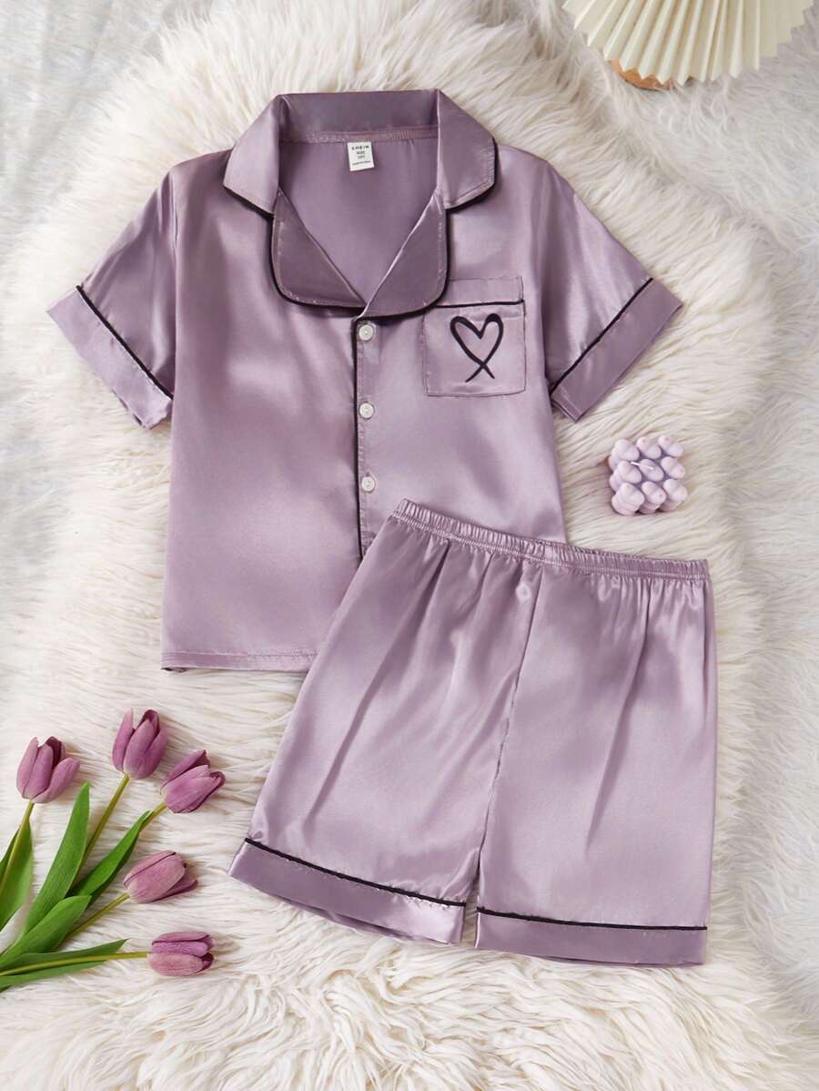Genkimix Kids Girls Heart Print Short Sleeve Shorts 2Pcs Pajama Set, For Older Tween Girl Purple Pajamas Set