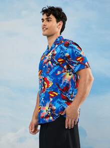 SUPERMAN X SHEIN 男式字母与图案前扣短袖衬衫