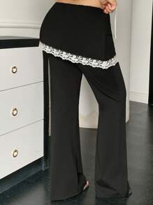 Dazy Plus Quần ống loe ren tương phản cạp chun cỡ lớn màu đen, 2 trong 1, dành cho nữ - màu đen - Xem 2