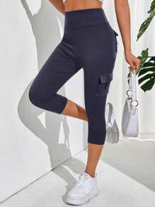 SHEIN Essnce Quần tập yoga thường ngày cỡ lớn dành cho nữ, Quần túi hộp, Quần chạy bộ Capri, Mùa hè - Màu xanh hải quân - Xem 5