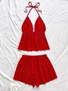 Soleia 女士度假两件套，性感 V 领系带纹理红色吊带上衣和宽松超短裤，适合约会、派对、城市街头度假 - 紅色 - 查看 2