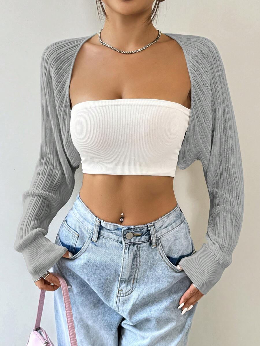 SHEIN EZwear Elegante suéter corto de mujer de punto acanalado gris con bajo asimétrico y mangas largas para un estiloso uso por capas, suéter de punto en otoño/invierno - Gris - Ver 1