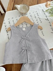 SHEIN LMoss Kids 2pcs/Set Young Girl Woven Striped Round Neck Top And Woven Shorts Set - Green - View 4