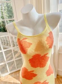 Skyraze Women's Floral Pattern Yellow Sleeveless Knit Dress - Yellow - View 3