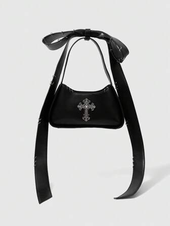 Grunge Punk Borsa a spalla da donna, borsa hobo, decorazione fiocco, chiusura a croce, alla moda, personalizzata, semplice, versatile, da strada, dolce e cool, ragazze, stile Y2K, vintage, borchie, vintage, adolescenti, stringata, stile ballerina