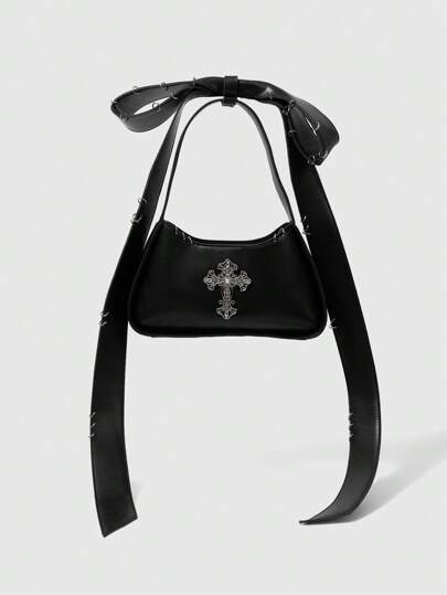 Grunge Punk Ladies, Women Shoulder Bag, Hobo Bag, Bow Decoration, Cross Hardware, Fashionable, Personalized, Simple, Versatile, Street, Sweet And Cool Girls, Hot Girls, Y2k, Retro, Rivets, Vintage, Teenagers, Lace-Up, Ballet Style