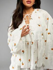 MISSGUIDED 花卉刺绣泡泡袖节日夏季波西米亚风套装，带荷叶边下摆细节，系带前海滩度假装 - 白色 - 查看 5