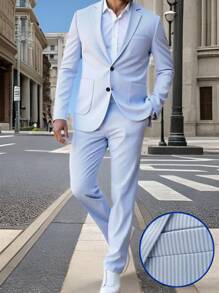 Manfinity Mode Men Striped And Lapel Neck Long Sleeve Blazer And Trousers Suit Set Light Blue Full Set Men Light Blue Outfit Men Baby Blue Men Outfit Men Baby Blue Outfit Baby Blue Outfit Men - Baby Blue - View 1