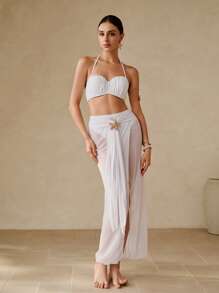 Swim Oasis Conjunto de 3 piezas de traje de baño para mujer - Traje de playa de color liso de alta gama con detalles metálicos - Blanco - Ver 2