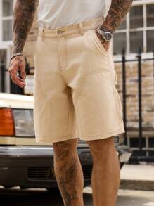 Manfinity Homme 男士纯色简约休闲牛仔短裤 - 卡其色 - 查看 4