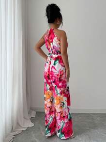 Elenzga Women's Elegant Spaghetti Strap Draped Tied Waist Sleeveless Floral Jumpsuit