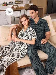 Manfinity Wave Striped Print Turndown Collar Short Sleeve Pants Set Men Loungewear - Grey - View 5