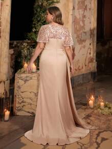 Glamrae 优雅闪亮亮片装饰网眼袖褶饰美人鱼晚礼服，开衩，奢华缎面拼接，适合婚礼、派对、度假、舞会，加大码 - 香檳色 - 查看 3