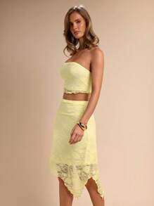 COSMINA 2pcs Women's Elegant Lace Vacation Tube Top & Yellow Skirt Set, Wedding Season, Spring/Summer