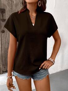 SHEIN LUNE Women's Summer Simple Solid Color Notch Collar Batwing Sleeve Blouse - Coffee Brown - View 6