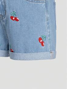 SHEIN Wildeya Pantalones cortos de mezclilla rotos con puños y bordado de cerezas para niñas, sin accesorios