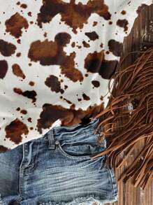 SHEIN EZwear Casual Minimalist Cow Print Bohemian Cowboy Style Round Neck Loose Short Sleeve T-Shirt For Women Summer Outfits For Women - Multicolor - View 4