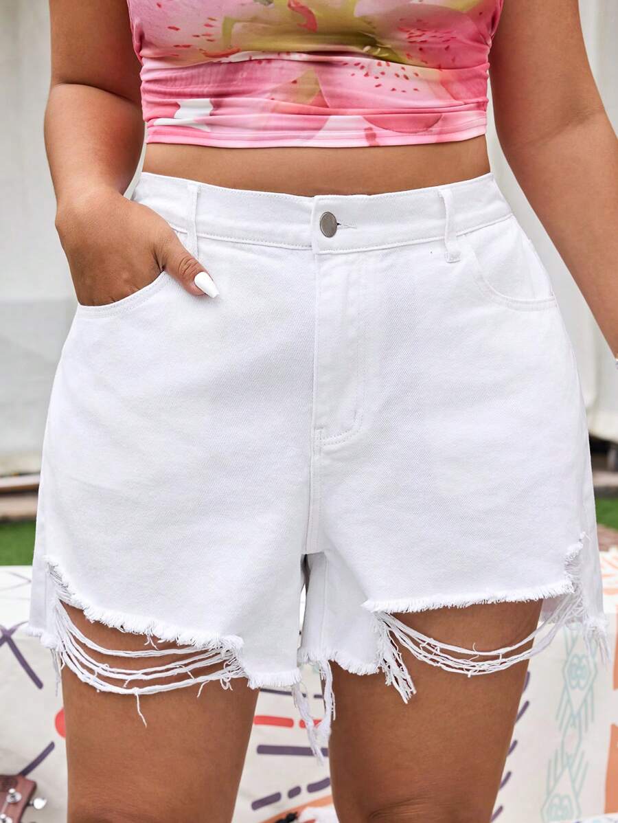 SHEIN EZwear Plus Ripped Raw Hem Denim Shorts - White - View 1