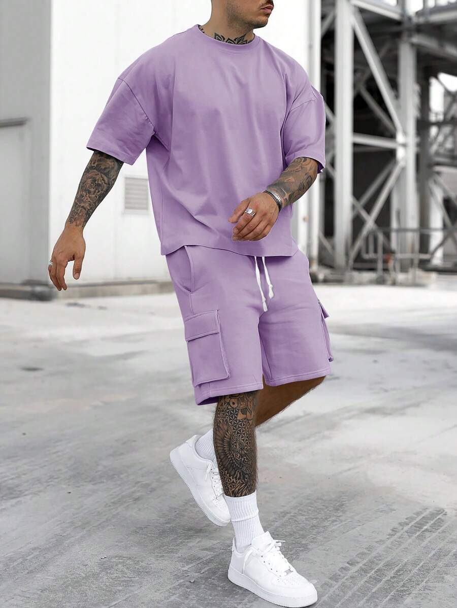 Manfinity Homme 2件套男士休闲纯色短袖T恤和短裤套装