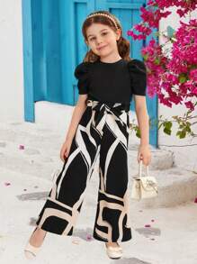 SHEIN Leap Crew 年輕女孩針織實色圓領羊毛袖拼接編織幾何圖案寬鬆休閒連身褲 - 彩色 - 查看 2