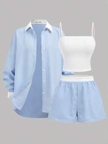SHEIN Girlism 三件套：蓝白撞色宽松衬衫、松紧腰撞色短裤和纯白色工字背心，适合青少年女孩的舒适休闲装，适合春夏秋季 - 藍白色 - 查看 3