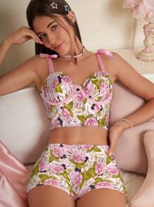 SHEIN Touch of Art 女士花卉印花蝴蝶结文胸和短裤套装 - 粉色 - 查看 1
