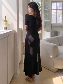 DAZY 女式露肩褶饰紧身中长连衣裙 - 黑色 - 查看 8