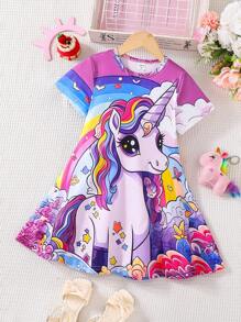 1 pieza Vestido casual cómodo de manga corta con estampado de unicornio lindo para niñas, adecuado para uso diario, fiestas, escuela, festivales y otras ocasiones