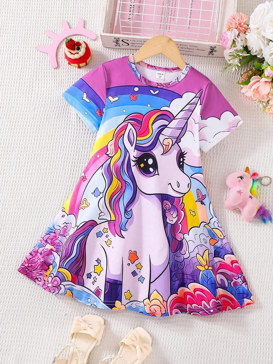 1 pieza Vestido casual cómodo de manga corta con estampado de unicornio lindo para niñas, adecuado para uso diario, fiestas, escuela, festivales y otras ocasiones