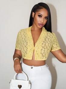 BamGleam Blazer corto de mujer con cuello de solapa, manga corta, abotonadura simple y encaje