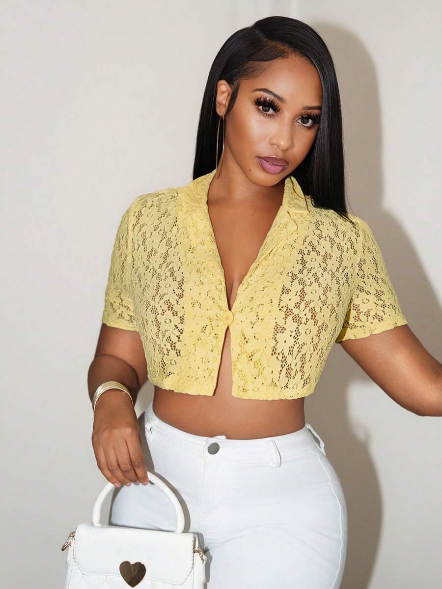 BamGleam Blazer corto de mujer con cuello de solapa, manga corta, abotonadura simple y encaje