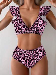 SHEIN Swim Conjunto de ropa de baño de mujer con estampado de leopardo, adecuado para la playa/vacaciones