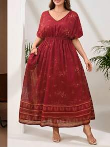 SHEIN Clasi Vestido vintage con estampado de colocación elegante talla grande, vestidos de madre de la novia, de verano, de moda para el verano - Rojo - Ver 2