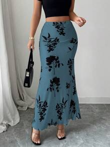 Elenzga Women's Elegant Floral Print Fishtail Hem Skirt - Blue - View 3