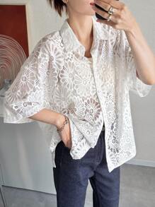 FRIFUL Áo kiểu ren dáng rộng tay lửng 3/4 cài một hàng khuy cho nữ, thích hợp cho mùa hè. - trắng - Xem 6