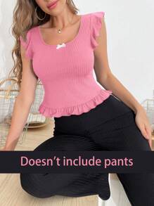 Top holgado con cuello de volantes elegante y sencillo para usar en casa, para vacaciones